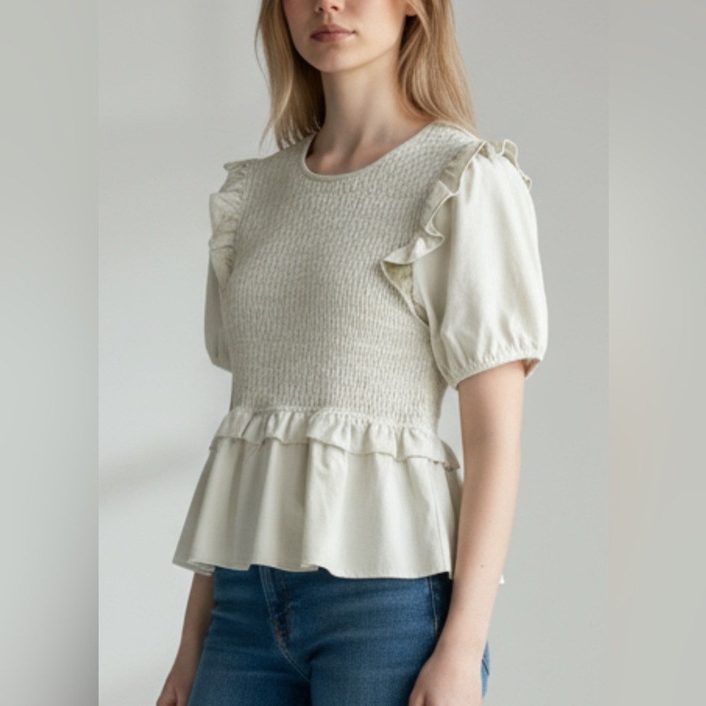 Fab’rik Faux Leather Peplum Top Off White Puff Sleeve Ruffle Feminine Chic L